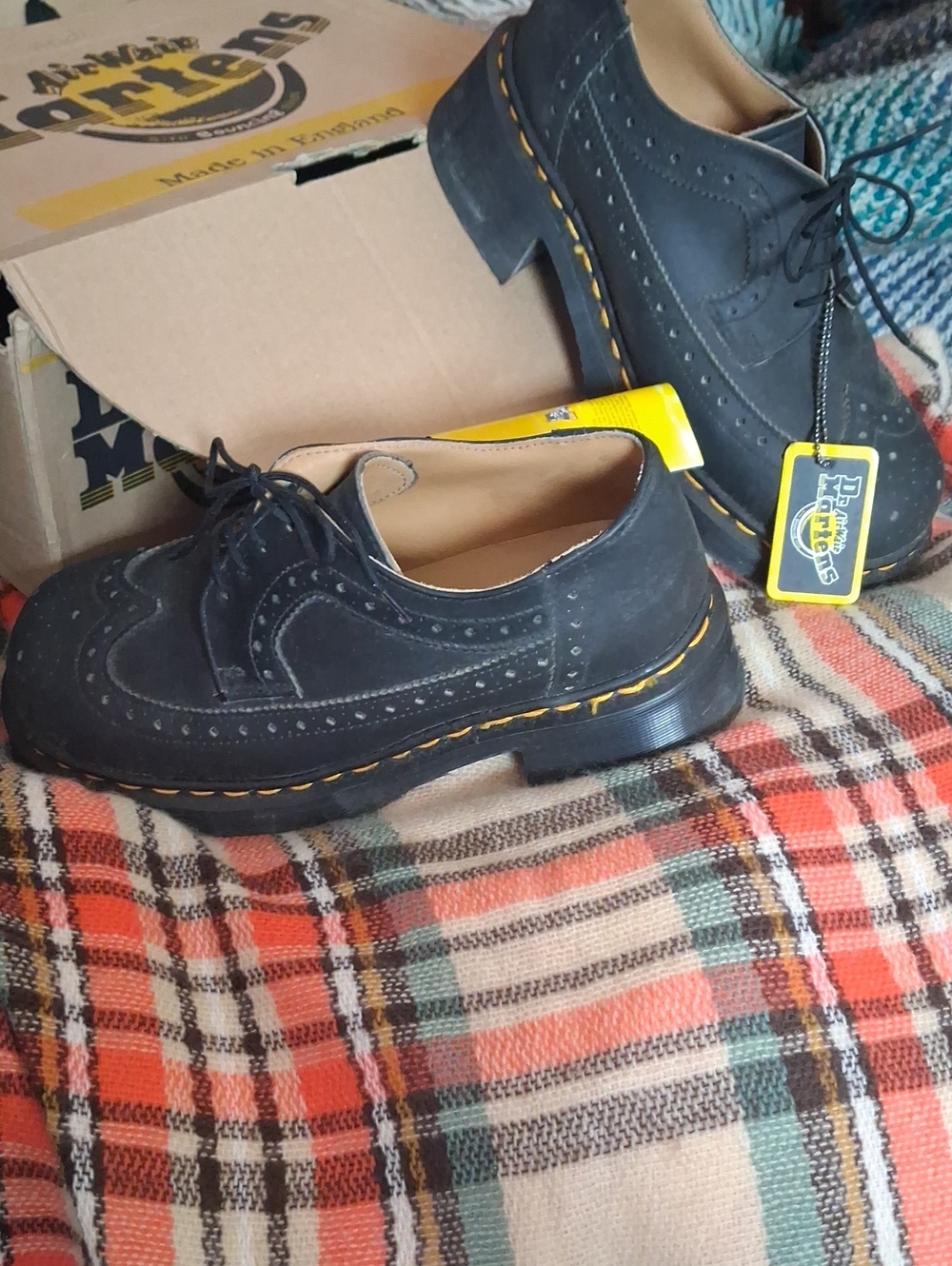 Vintage 90s Dr. Martens Black Wingtip Derby Shoes with Yellow Stitching